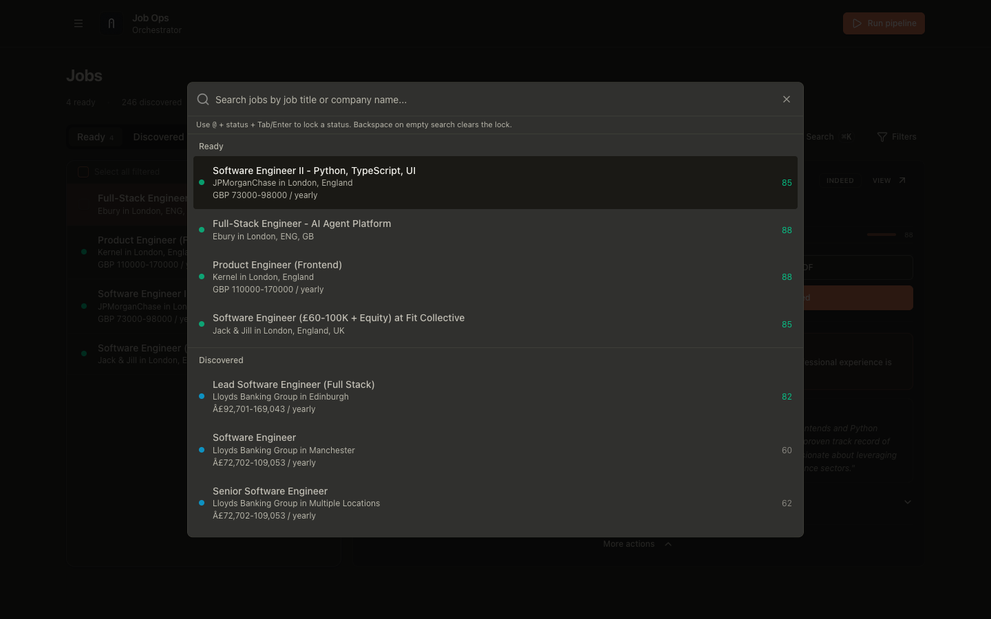 Job search command bar