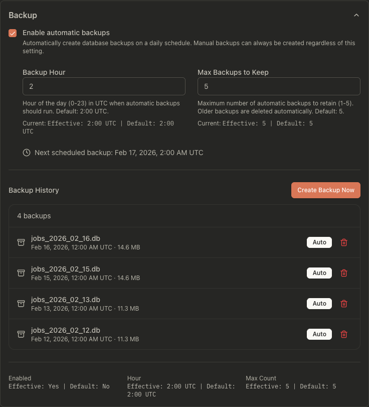 Backup settings section