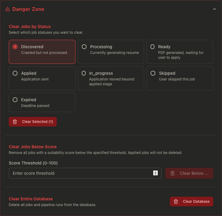 Danger Zone settings section