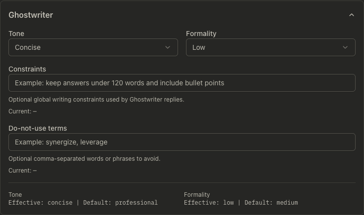 Ghostwriter settings section