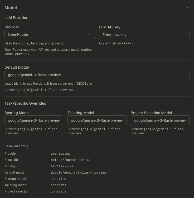 Model settings section