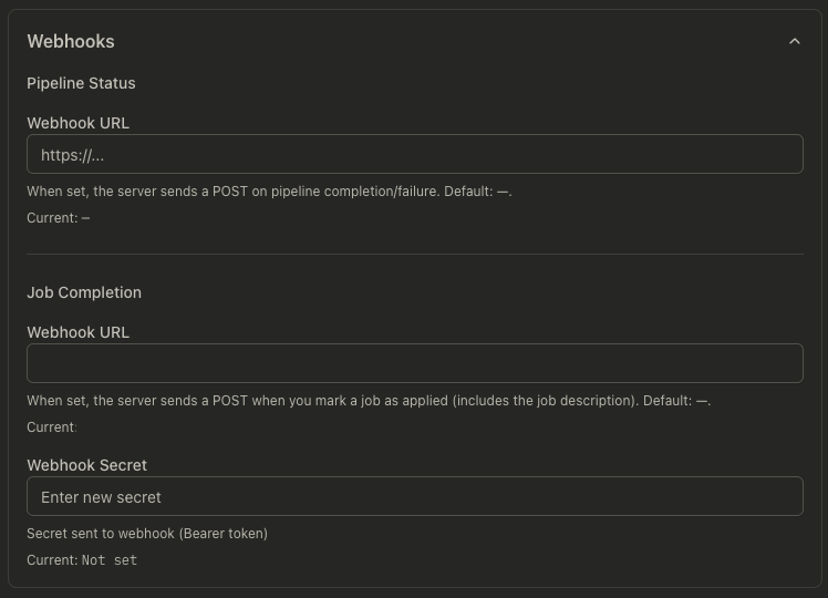 Webhooks settings section